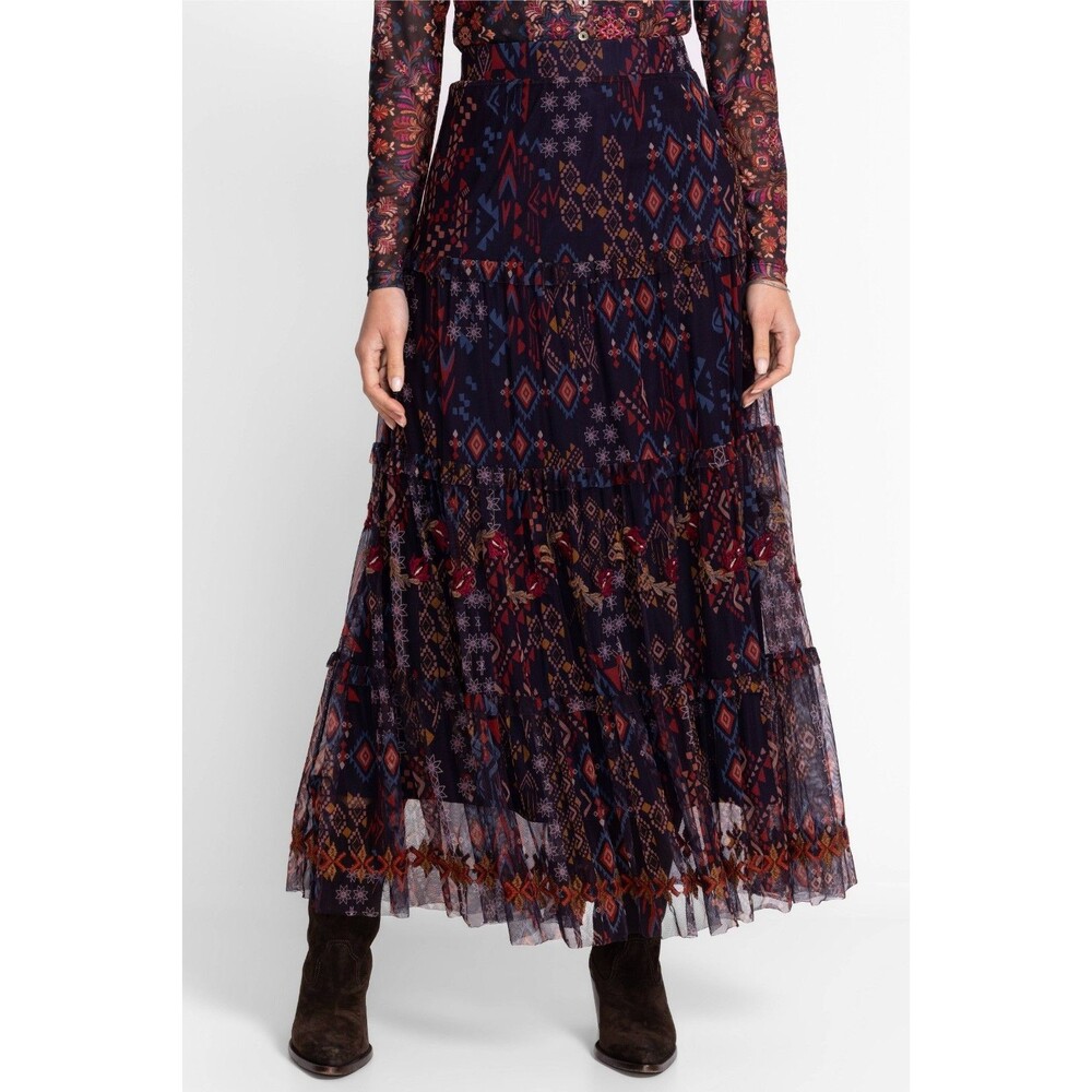 Johnny Was Arcellis Tiered Embroidered Mesh Maxi Skirt C72425-8 Size L